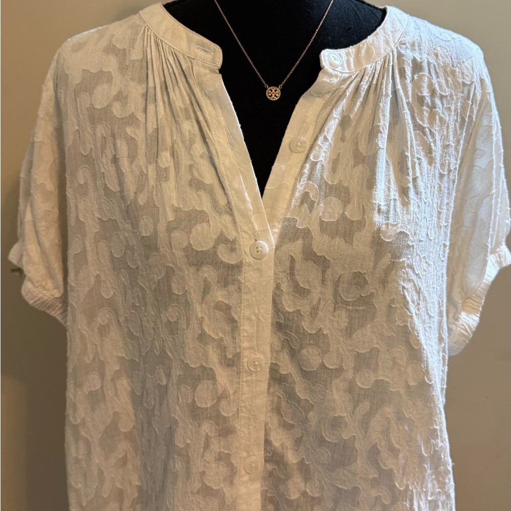Splendid White Textured Button-Down Short Sleeve Shirt
